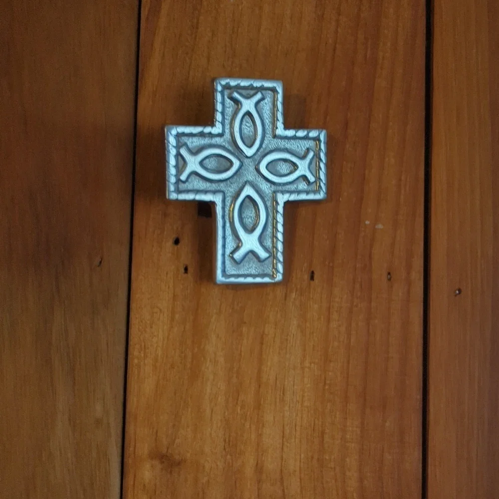 Mexican Cross silver tone fish symbols 3.5